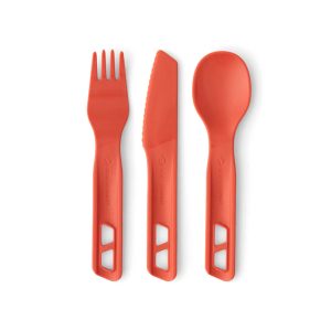 Set příboru Sea to Summit Passage Cutlery Set obsahuje lžíci, nůž a vidličku v barvě spicy orange.